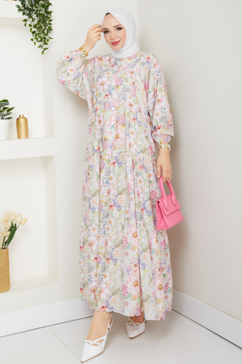 MANGO KÜÇÜK DESENLİ SALAŞ ELBİSE-PEMBE