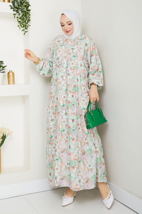 MANGO KÜÇÜK DESENLİ SALAŞ ELBİSE-YEŞİL