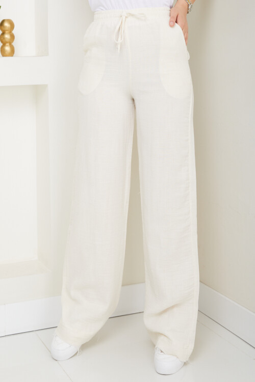 MÜSLİN KETEN BOL PAÇA PANTOLON-KREM