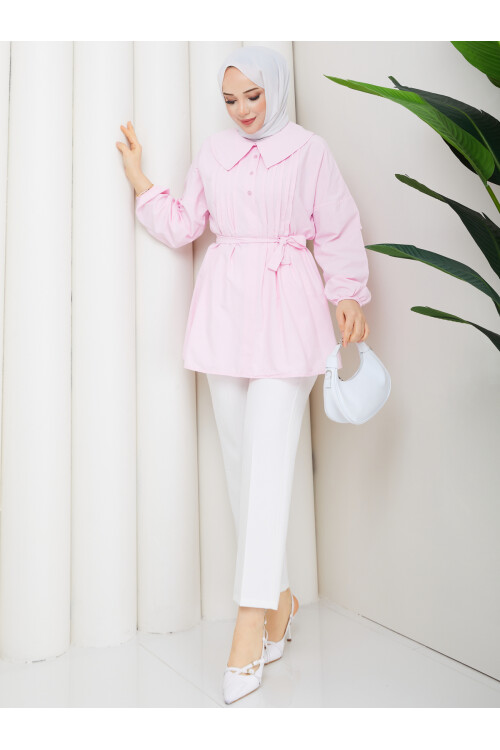 NERVÜRLÜ DENİZCİ YAKA GÖMLEK KOMBİN - TOZ PEMBE