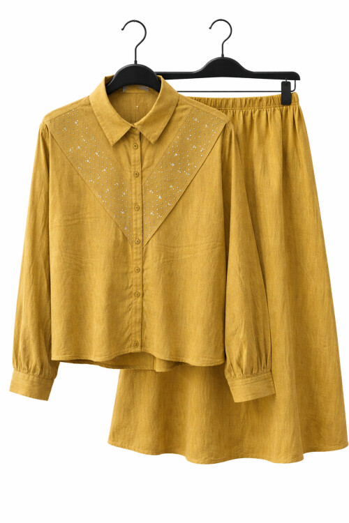 NUBUK V TAŞLI ETEKLİ TAKIM - HARDAL