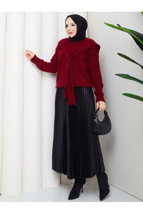 OMUZ ŞAL DETAYLI ETEKLİ KOMBİN - BORDO