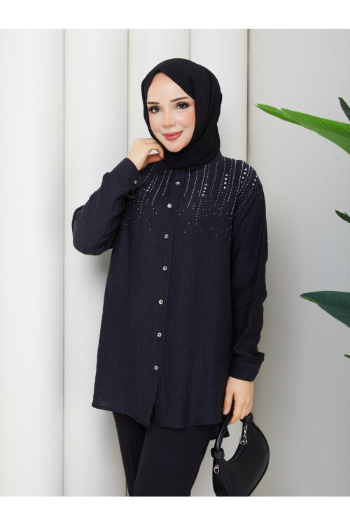 OMUZDAN TAŞ DETAYLI GÖMLEK - SİYAH