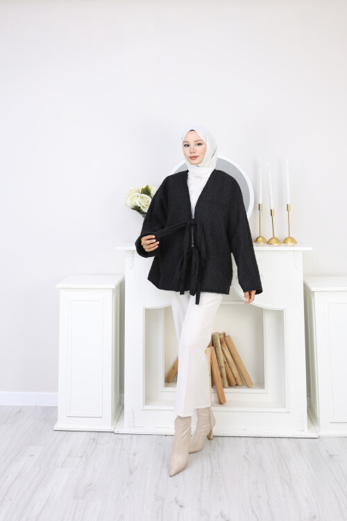 ÖNDEN BAĞLAMALI KAŞE CEKET-SİYAH