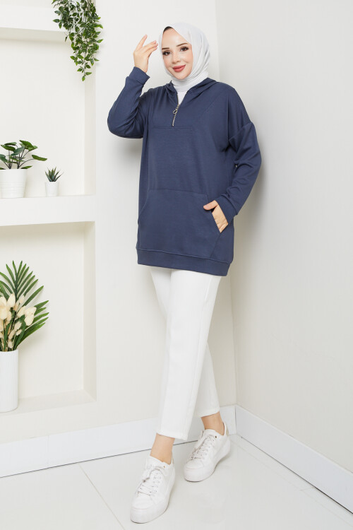 Oysho Kanguru Cep Yarım Fermuarlı Kapşonlu Sweat Antarsit