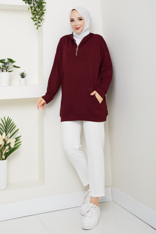 Oysho Kanguru Cep Yarım Fermuarlı Kapşonlu Sweat Bordo