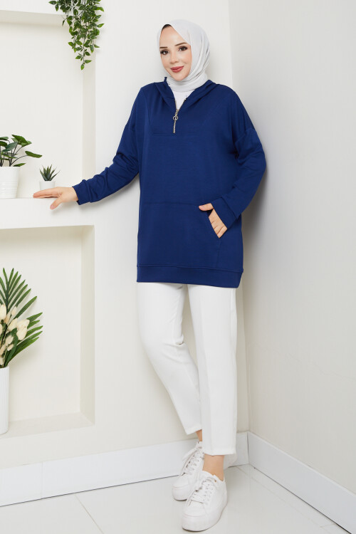 Oysho Kanguru Cep Yarım Fermuarlı Kapşonlu Sweat Lacivert
