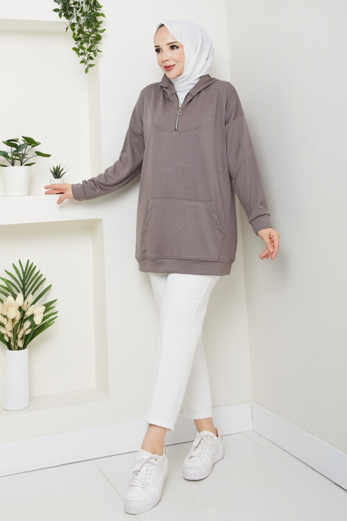 Oysho Kanguru Cep Yarım Fermuarlı Kapşonlu Sweat Vizon