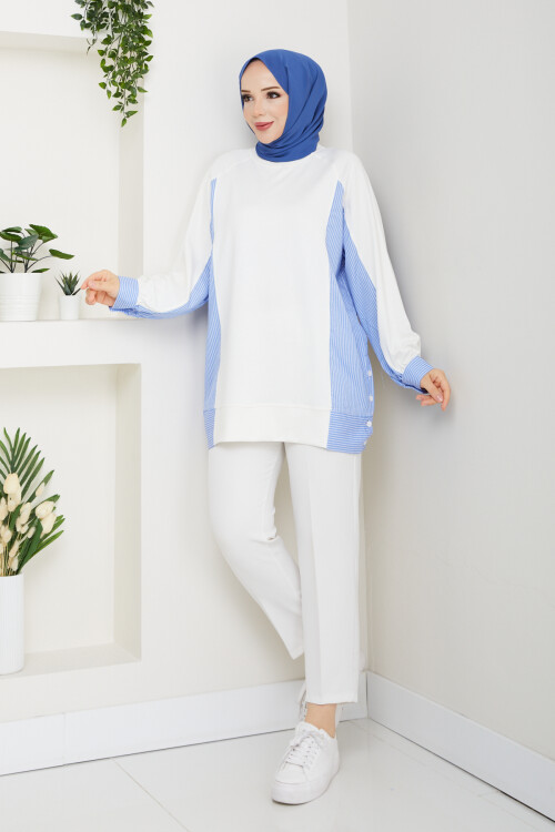 Oysho Yan Düğmeli Çizgi Garnili Tunik Beyaz