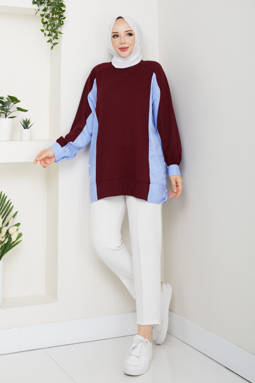 Oysho Yan Düğmeli Çizgi Garnili Tunik Bordo