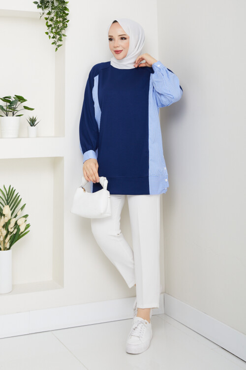 Oysho Yan Düğmeli Çizgi Garnili Tunik Lacivert