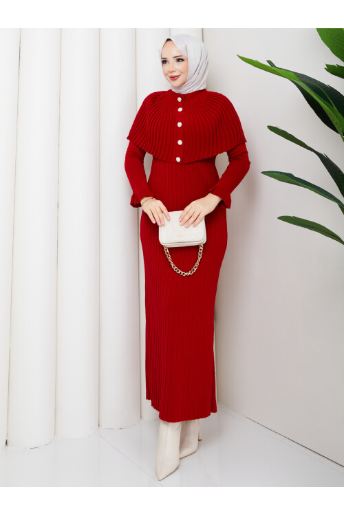PELERİNLİ ELBİSE - KIRMIZI