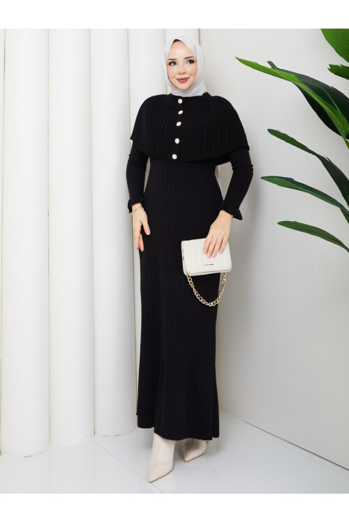 PELERİNLİ ELBİSE - SİYAH