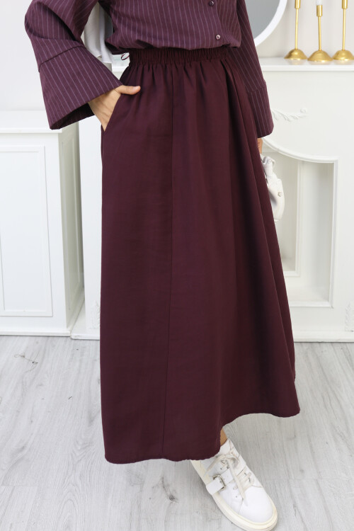 PERY CEPLİ KETEN ETEK -BORDO