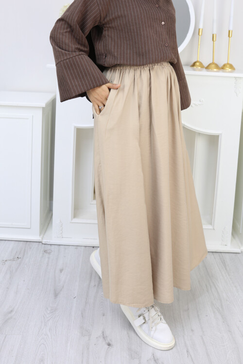 PERY CEPLİ KETEN ETEK -KREM