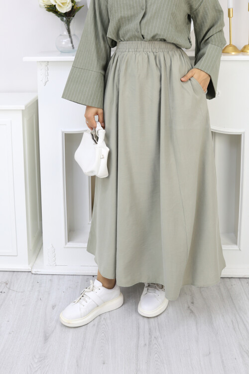 PERY CEPLİ KETEN ETEK -MİNT YEŞİL