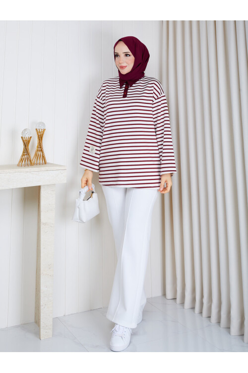 Polo Yaka Çizgili Oversize Oysho Sweat-Bordo Beyaz çizgili