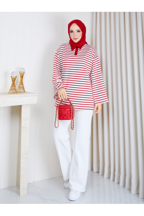 Polo Yaka Çizgili Oversize Oysho Sweat-Kırmızı beyaz çizgili