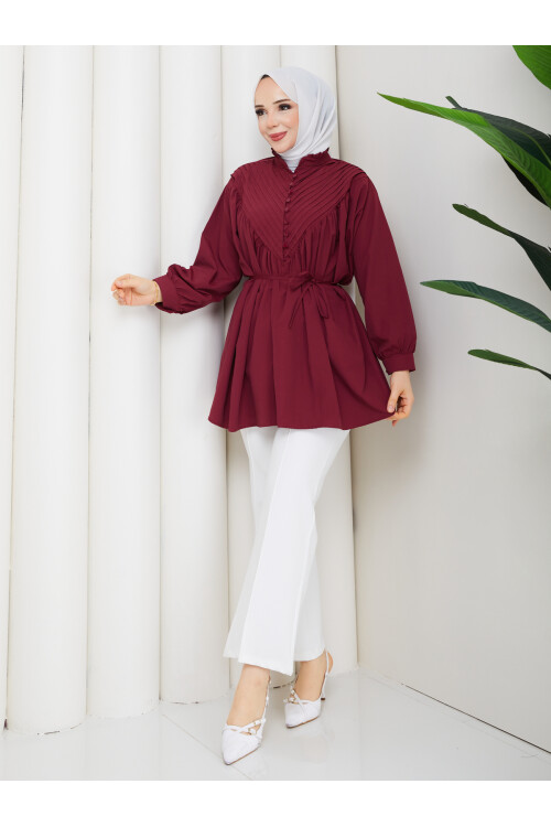 POPLİN V NERVÜRLÜ GÖMLEK KOMBİN - BORDO