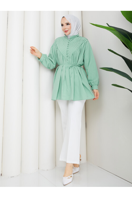 POPLİN V NERVÜRLÜ GÖMLEK KOMBİN - MİNT YEŞİLİ