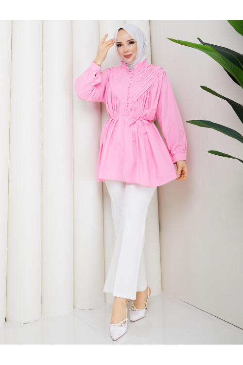 POPLİN V NERVÜRLÜ GÖMLEK KOMBİN - PEMBE