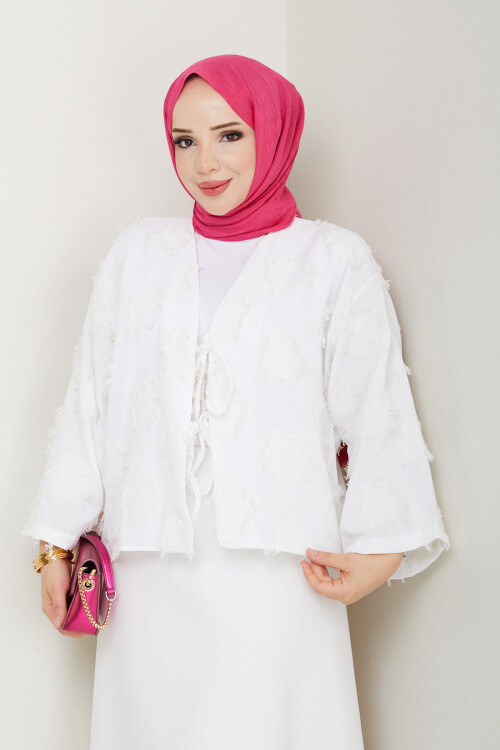 RU PÜSKÜL DETAY KİMONO-BEYAZ