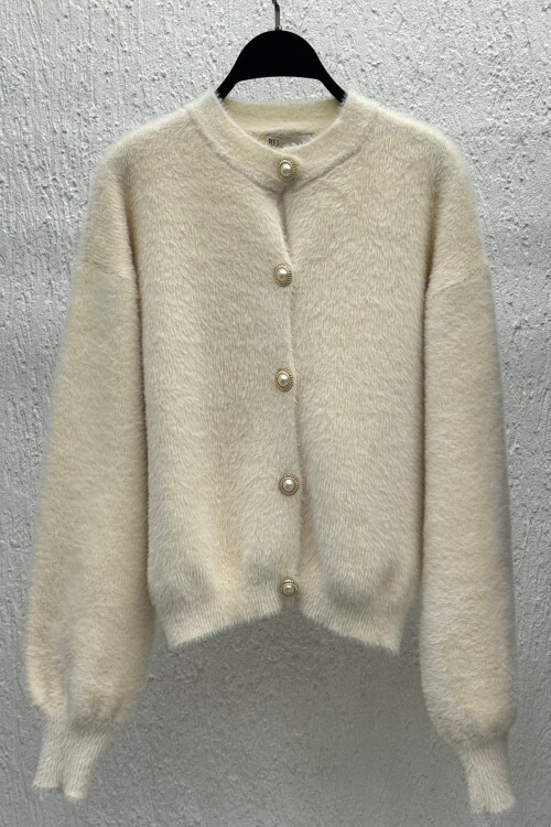 Taş İnci Düğmeli Tüylü Hırka Krem