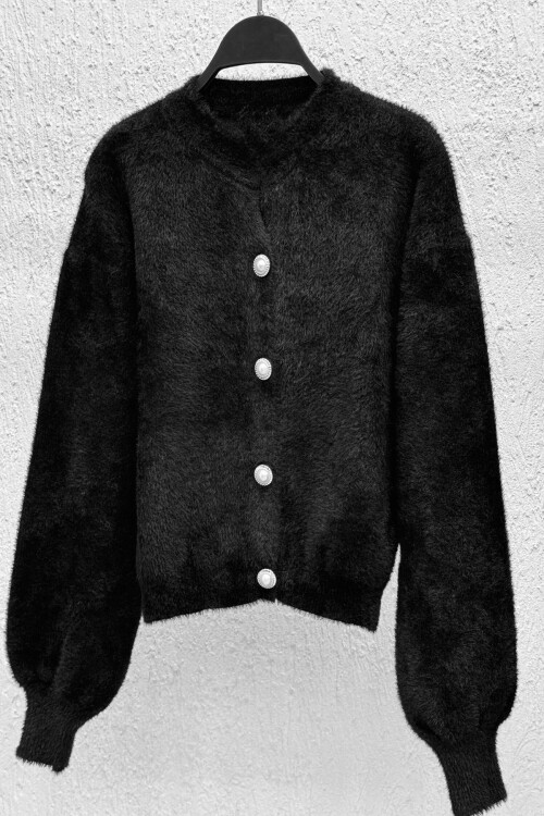 Taş İnci Düğmeli Tüylü Hırka Siyah