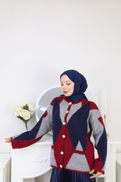 ÜÇGEN DETAY TRİKO HIRKA -KIRMIZI