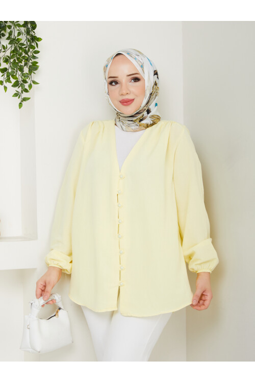 V YAKA DÜĞMELİ GÖMLEK - SARI
