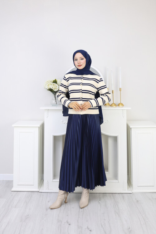 VN ÇİZGİLİ HIRKA ETEK KOMBİN -KREM