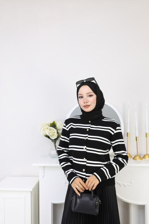 VN ÇİZGİLİ KISA HIRKA -SİYAH