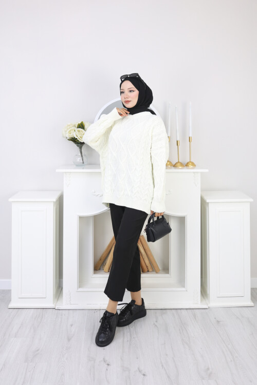 VNZ ÖRGÜLÜ TRİKO KAZAK-BEYAZ