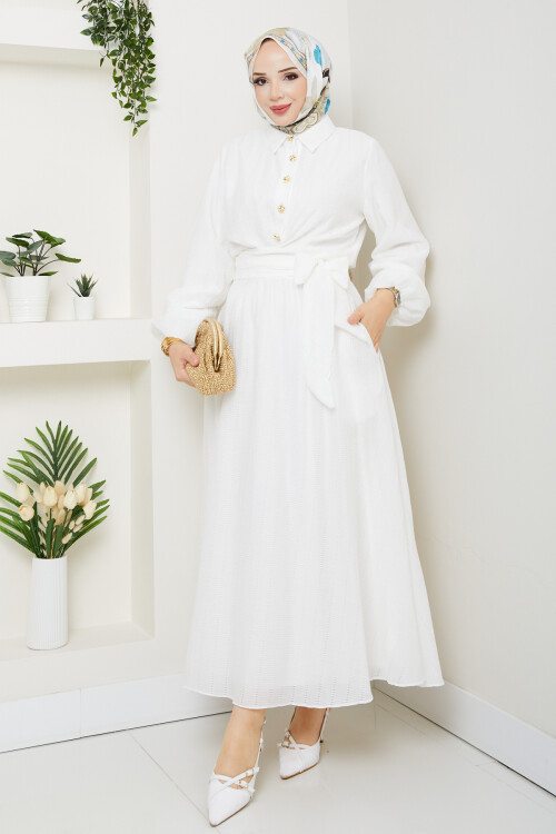 WEN GOLD DÜĞMELİ BEL BAĞLAMALI TAKIM-BEYAZ