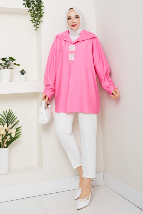 Yaka Pul Detay Gömlek Pembe