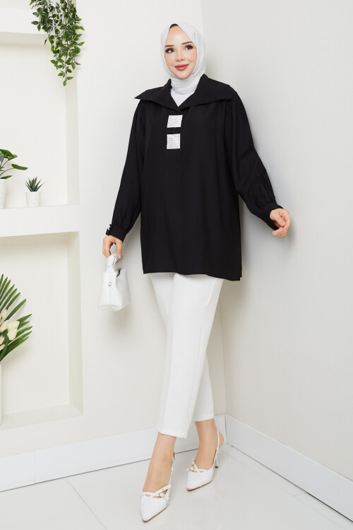 Yaka Pul Detay Gömlek Siyah