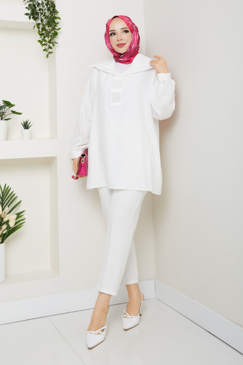 Yaka Pul Detay Gömlek Beyaz