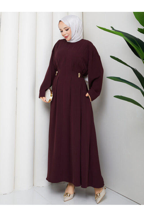 YANLARI GOLD DETAY ELBİSE - BORDO