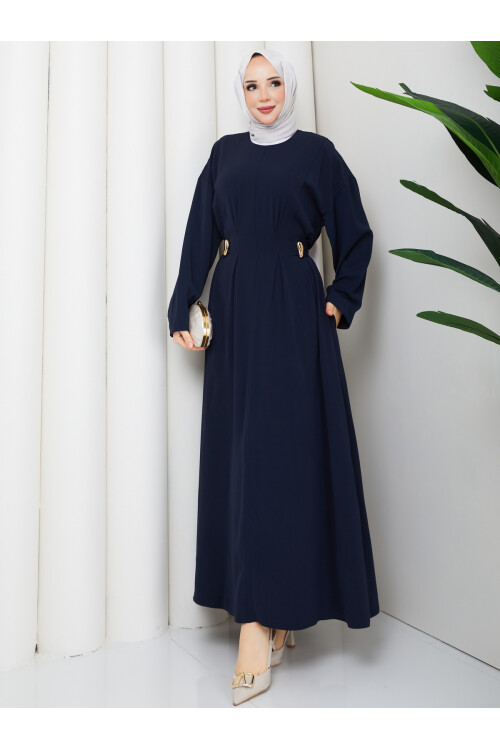 YANLARI GOLD DETAY ELBİSE - LACİVERT