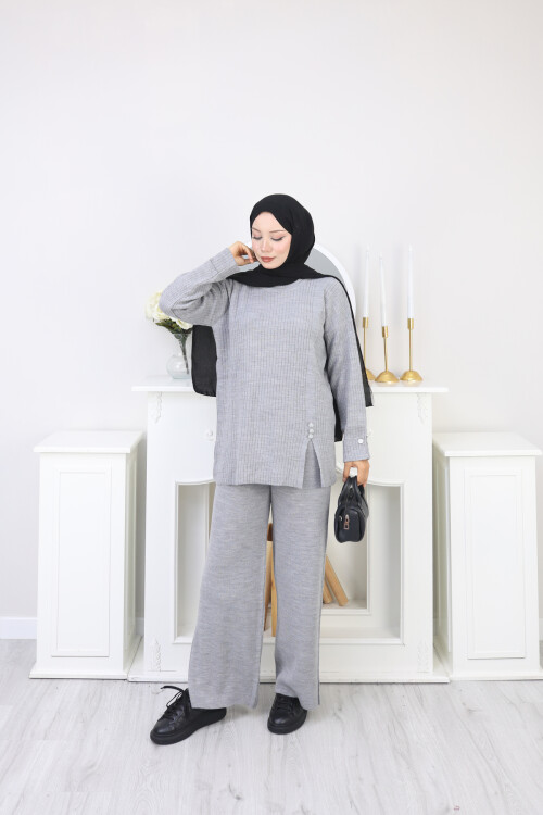 YIRTMAÇ DETAY TRİKO TAKIM-GRİ