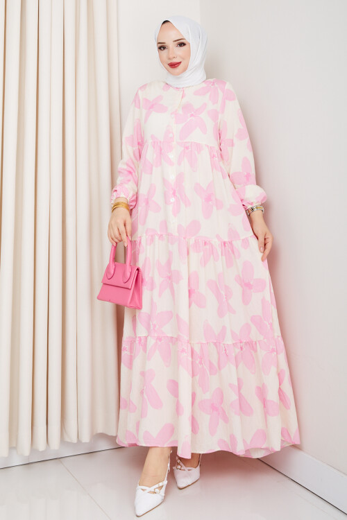 ZU YARIM DÜĞMELİ ÇİÇEK DESEN ELBİSE-PEMBE