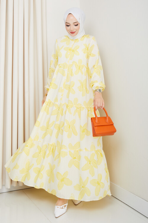 ZU YARIM DÜĞMELİ ÇİÇEK DESEN ELBİSE-SARI