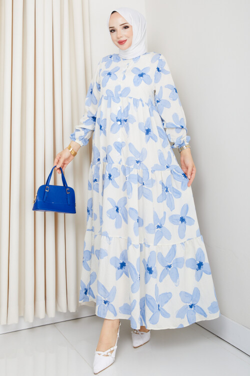 ZU YARIM DÜĞMELİ ÇİÇEK DESEN ELBİSE-MAVİ