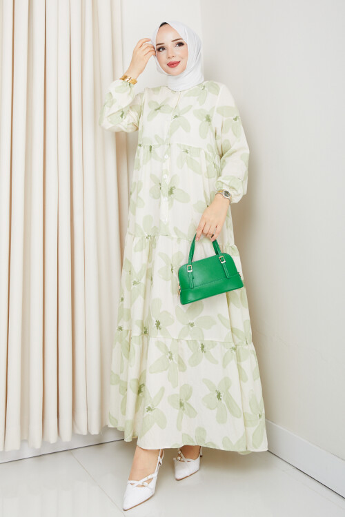 ZU YARIM DÜĞMELİ ÇİÇEK DESEN ELBİSE-YEŞİL