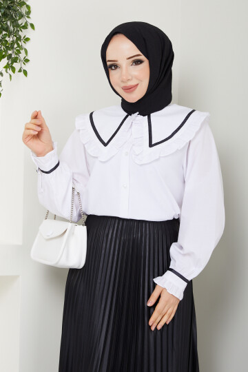 BEBE YAKA FIRFIRLI CROP GÖMLEK-SİYAH