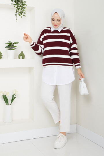 KALIN ÇİZGİLİ CROP KAZAK KOMBİN-BORDO