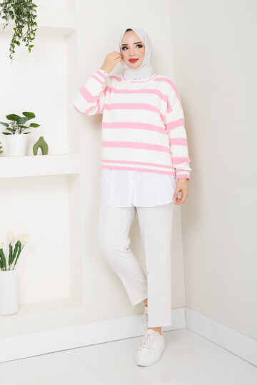 KALIN ÇİZGİLİ CROP KAZAK KOMBİN-PEMBE