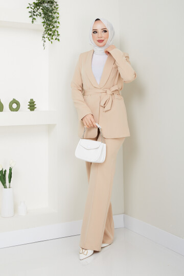KUŞAKLI BLAZER CEKET TAKIM-KREM