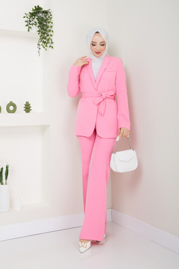 KUŞAKLI BLAZER CEKET TAKIM-PEMBE