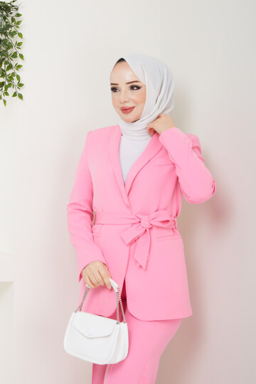 KUŞAKLI BLAZER CEKET TAKIM-PEMBE